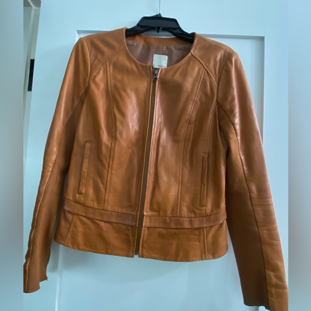 Halogen leather jacket with cotton rib trim on portion of sleeve. Size medium.